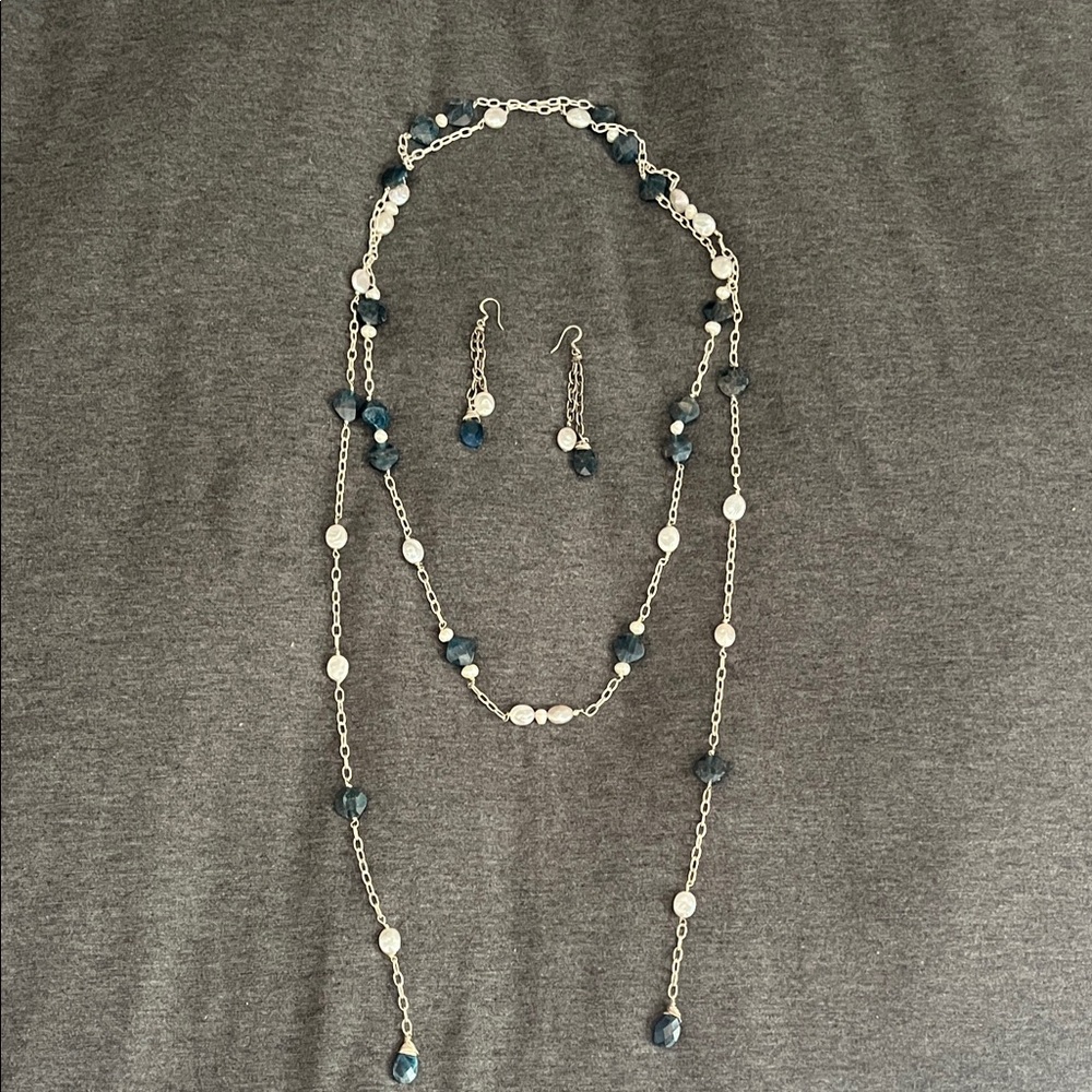 Elegant set Silver, blue white  Jewelry adjustable necklace earrings bracelet